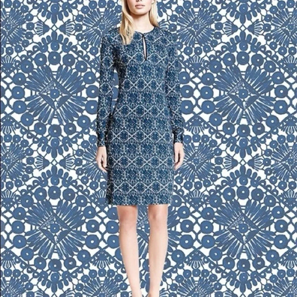 TORY BURCH Walker Long Sleeve‎ Fitted Mini Dress Navy Blue White Size M Keyhole